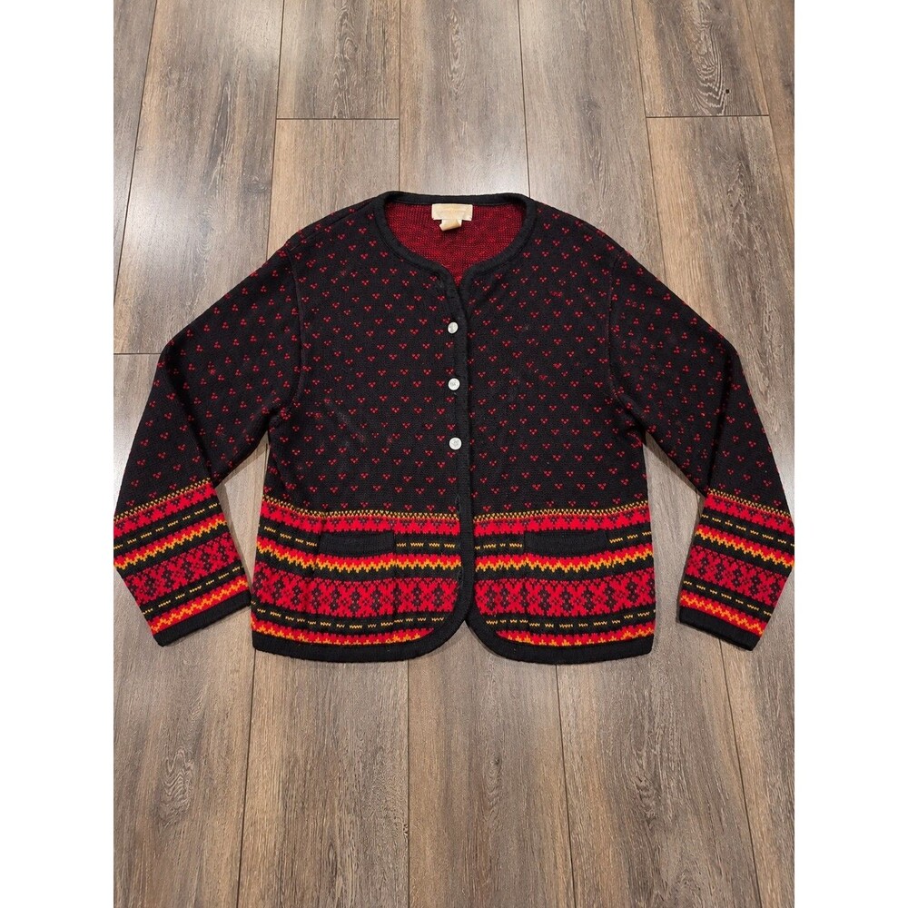 Vtg Tally Ho Womens L Fair Isle Cardigan Sweater Black Red Nordic Knit